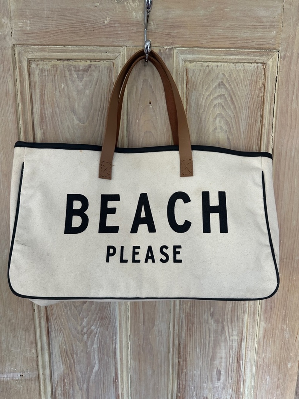 Canvas 'Beach Please' Tote Bag with Brown Handles